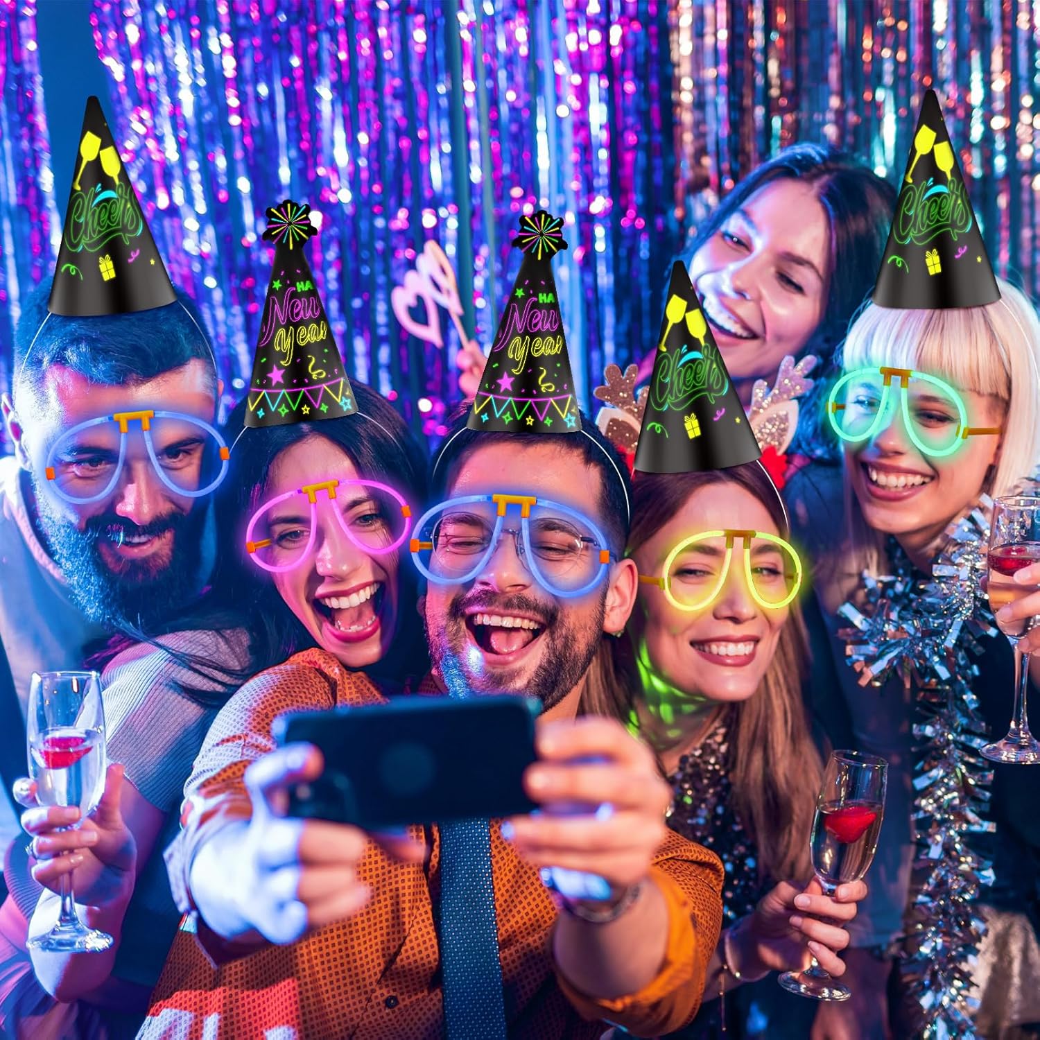 88 Pcs 2026 New Year Eve Party Supplies for 12 Guest Glow in The Dark Party Supplies Neon Hats Necklace Glow Glasses Necklace Fringed Noisemaker Sticks for Happy New Year Eve Neon Decor